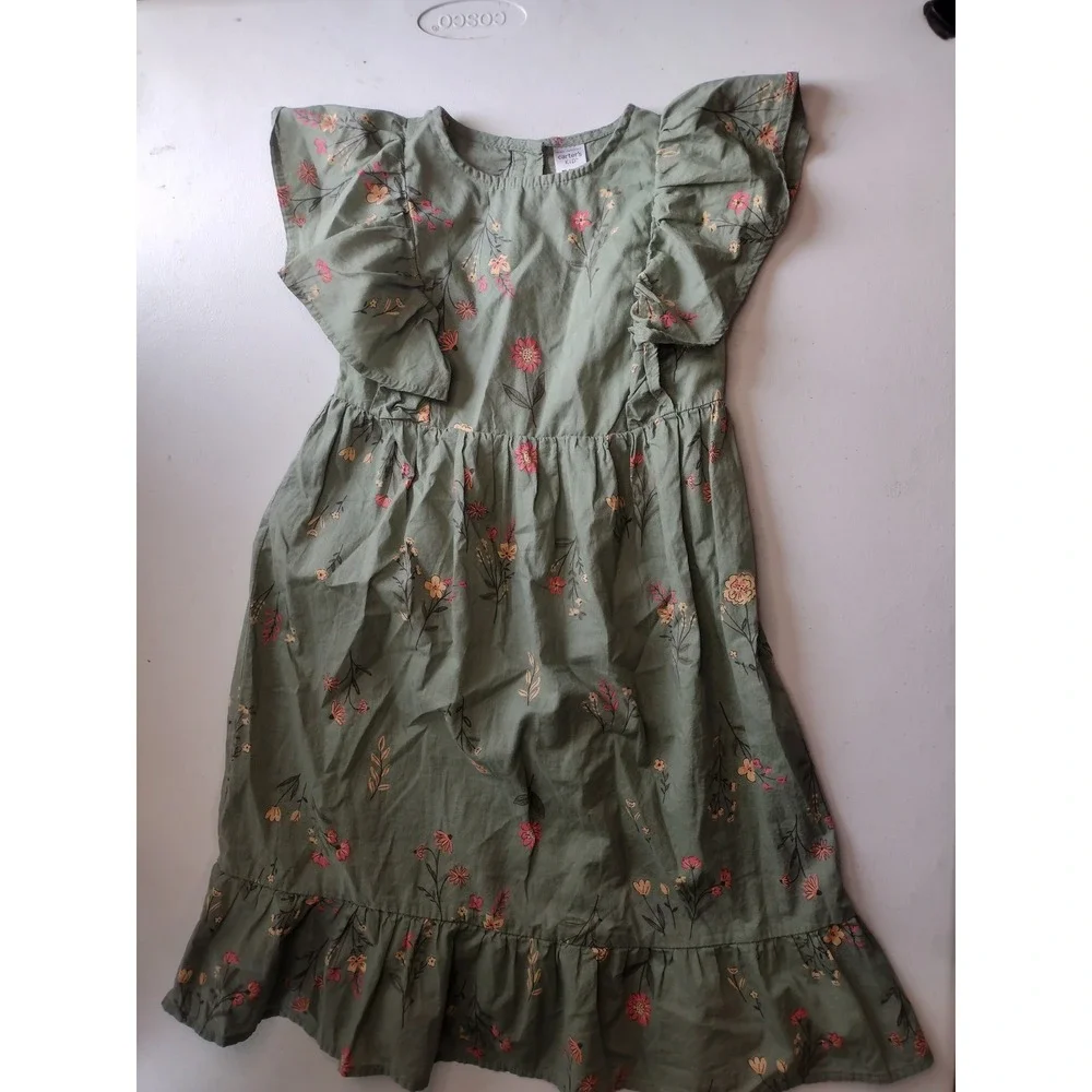 Carters Kid‎ Girls Sage Green Floral Flutter Sleeve Ruffle Dress Size 5 Boho